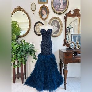 Navy Beaded Mermaid Gown- strapless corset back